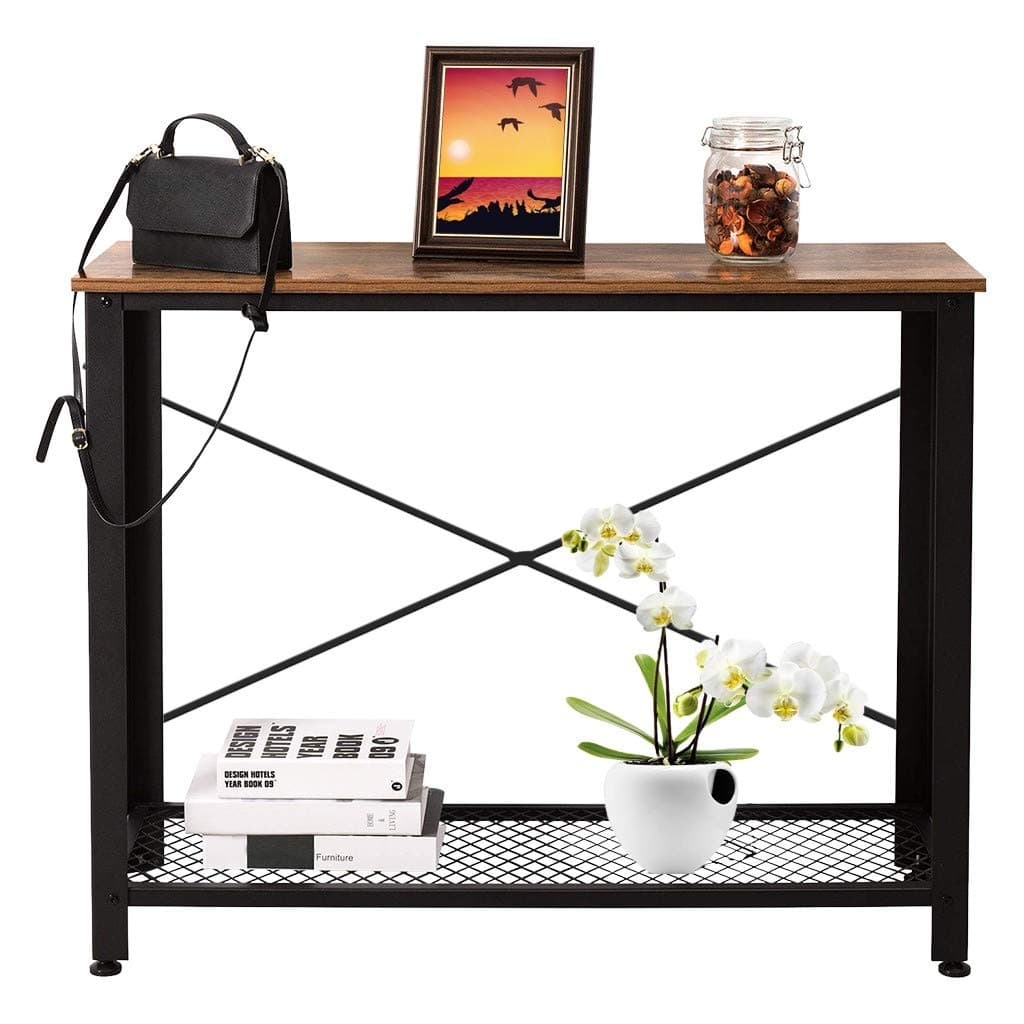 Shotbow Rustic Farmhouse Wood Dining Room Table, Rectangular Dining Table with Shelf Vintage Console Sofa Side Table Mltifunction Space Saving Metal Frame Table for Entryway, Ship from US (Retro)