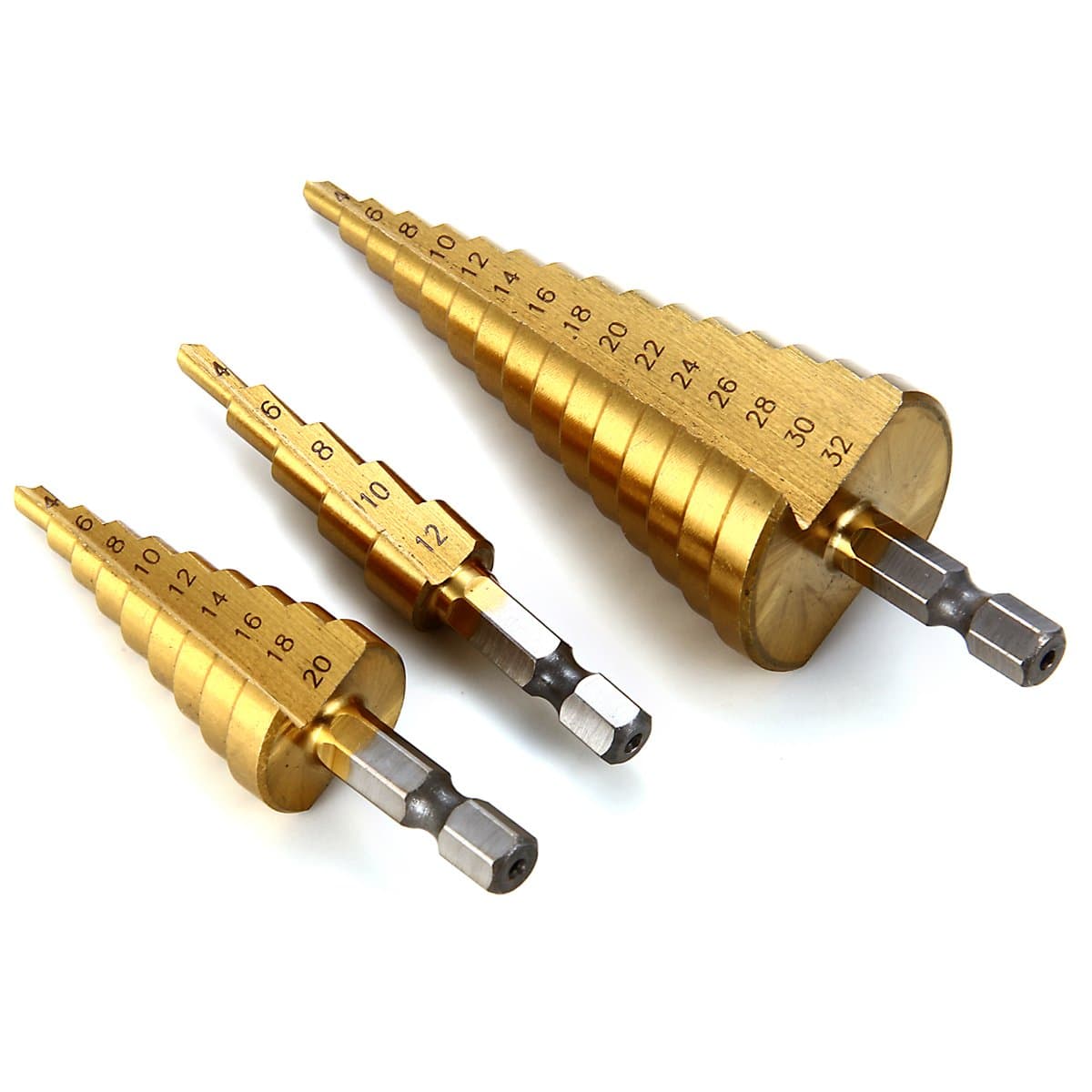 3 Pcs Large HSS Titanium Nitride Coating Steel Step Cone Drill Bit Set Hole Cutter 4-12/20 / 32mm [ Life Time Warranty ]