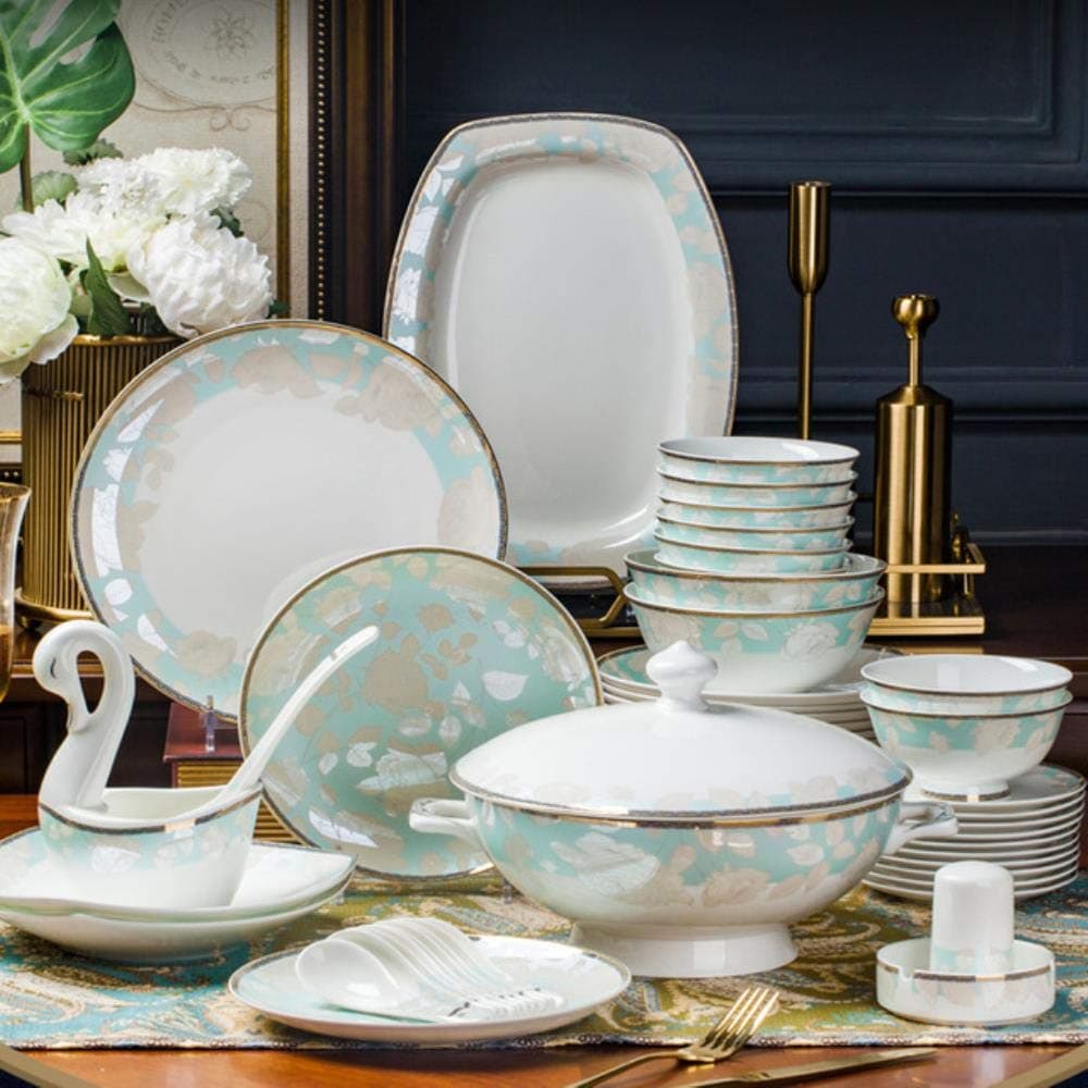 yamybox 60 head Jingdezhen ceramic tableware set plate bowl tableware set kitchen tableware ceramic tableware set,White