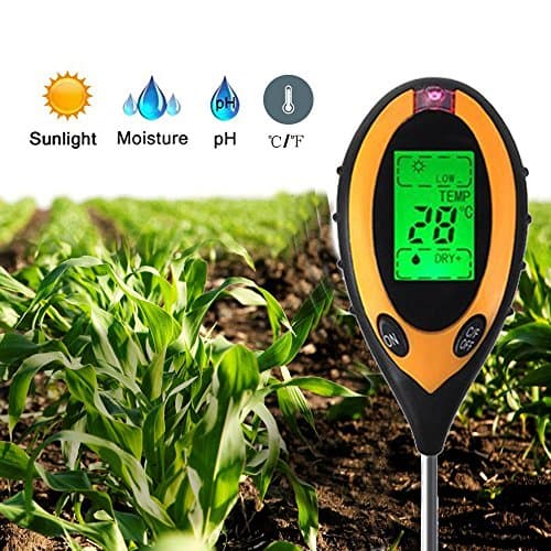 Digital Soil pH Tester, ibdone 4 In 1 LCD Temperature Sunlight pH Moisture Soil Meter Measuring Instrument for Home,Farm,Lawn, Garden, Battery Operated (Not Included)