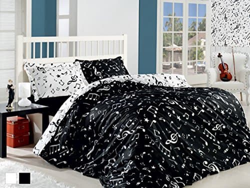 Ranforce 100% Turkish Cotton 3 Pcs Black White Musical Note Melody Music Twin Single Size Duvet Quilt Cover Set Bedding Linens by istanbulhomecollection music series