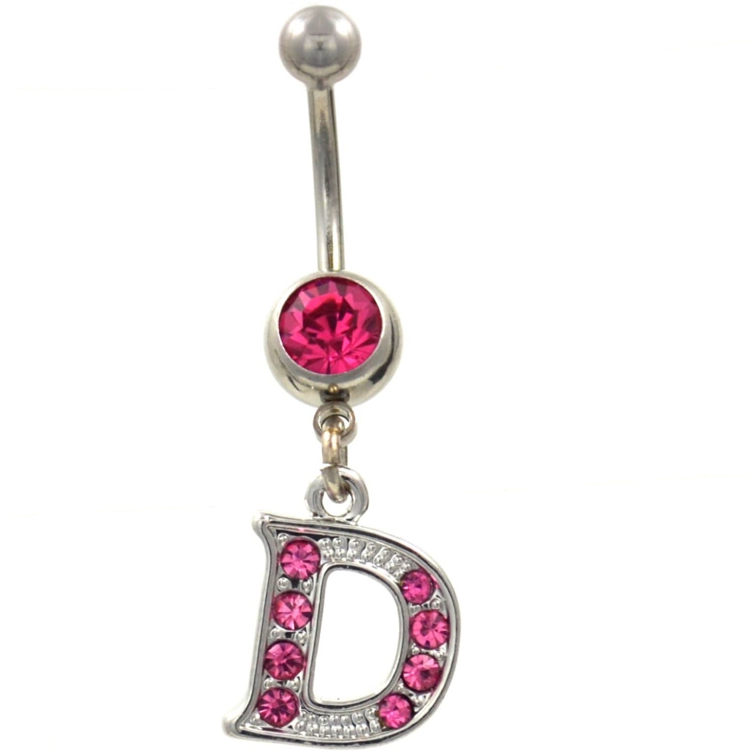 Initial Letter D Pink Gem Decorated Belly Button Ring