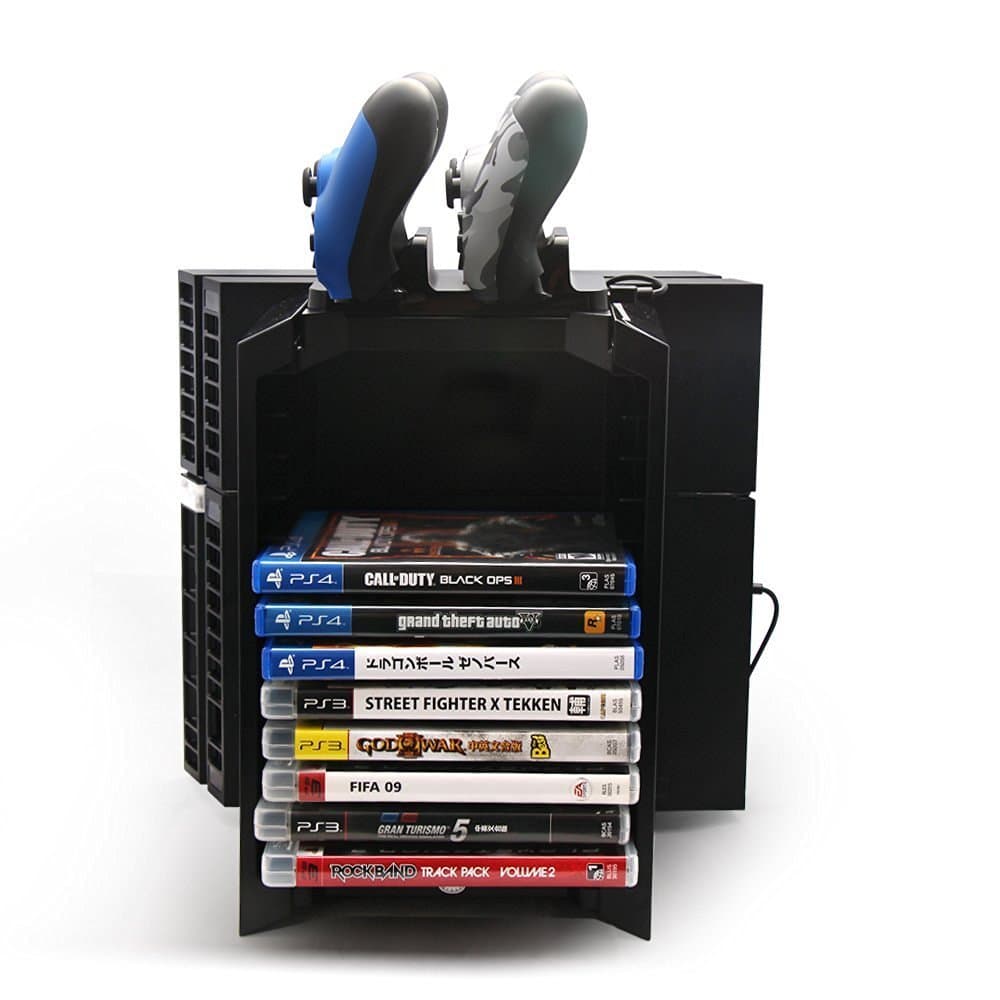 PS4 Multifunctional Game Disk Storage Tower Holder for Playstation 4 Console and DualShock 4 Controllers Stand for PS4 Pro / PS4 / PS4 Slim / X-one S
