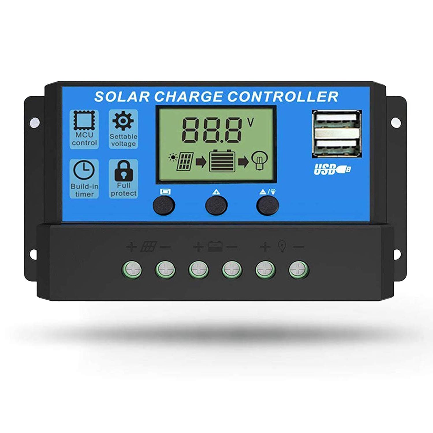 30A Solar Charge Controller, Dual USB Port Solar Panel Battery Intelligent Regulator, Multi-Function Adjustable LCD Display Street Light Controller (30A)