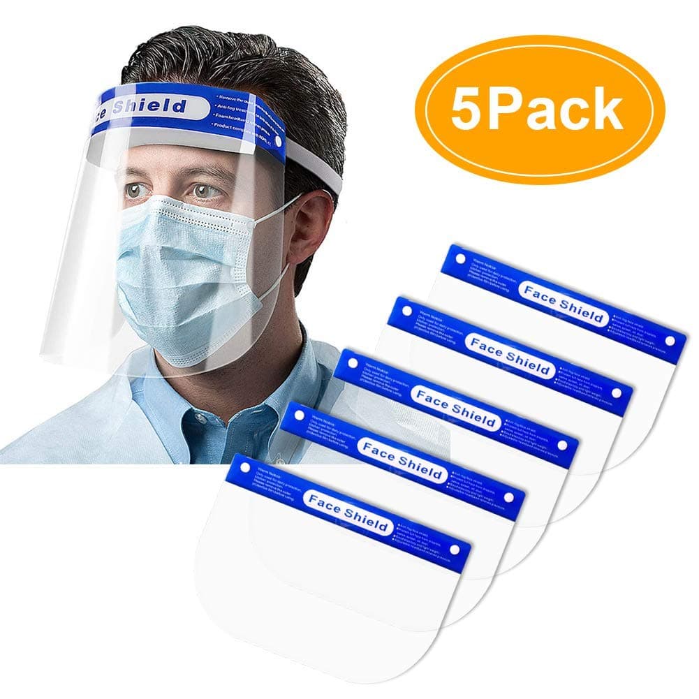 5 Pack transparent Face Shield visors with adjustable elasticity prevent the spread of saliva, designed for public service workers, reusable