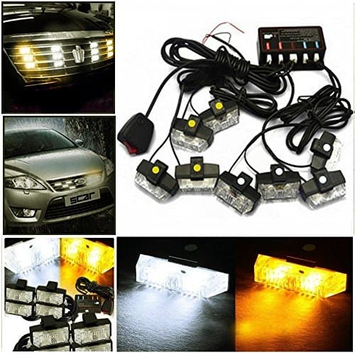 LED Warning Lights, Gliving Car Emergency Hazard Warning Strobe Light Flash Waterproof and Deck Decorative Lights for Front Grille Deck (White/Yellow)