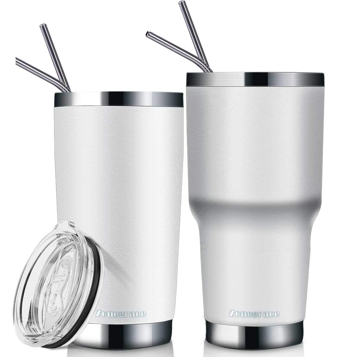 Zonegrace 2 Pack White 20 oz and 30 oz Classic Tumbler with Straw Lid Travel Mug Gift Vacuum Insulated Coffee Beer Pint Cup 18/8 Stainless Steel Water Bottle