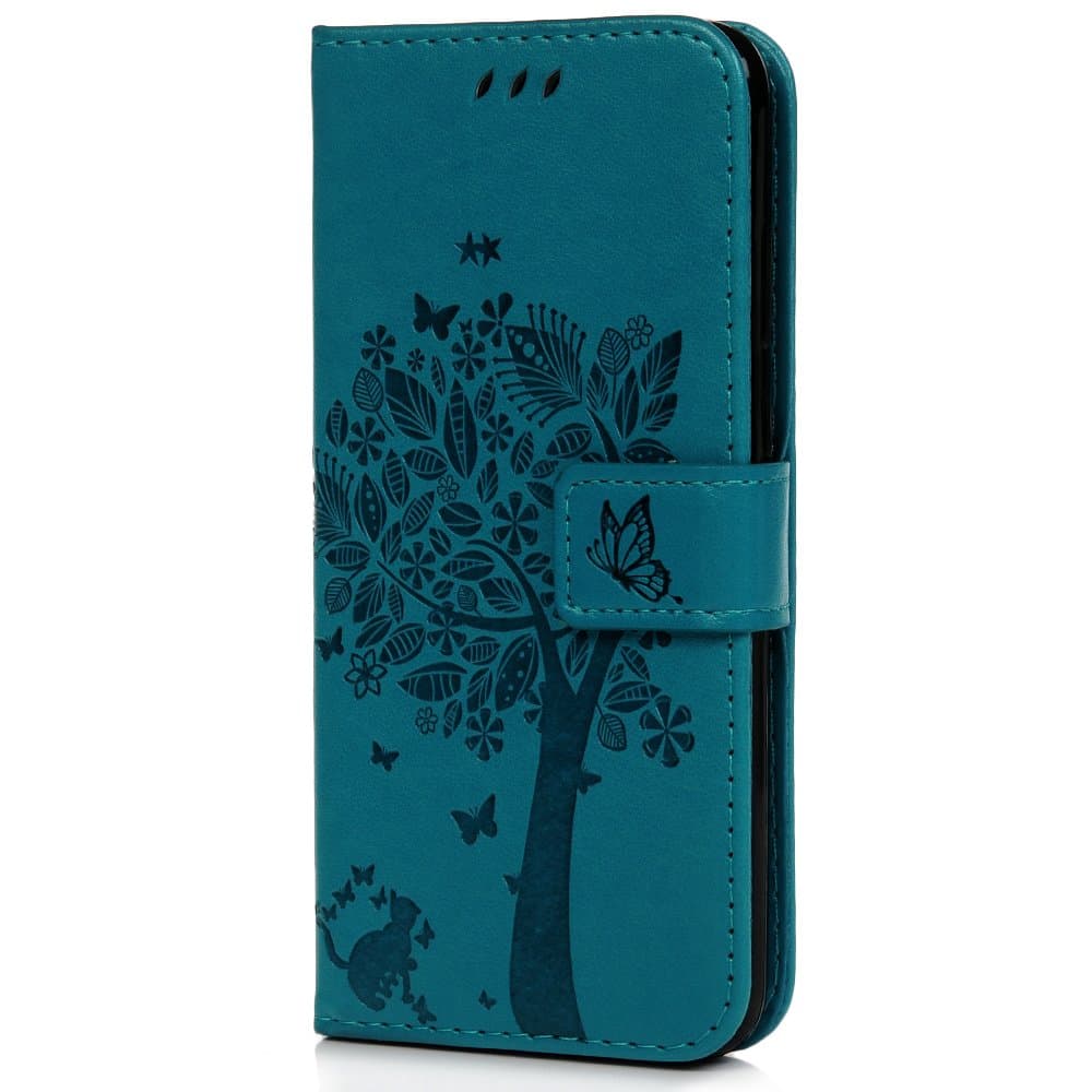 Huawei Y6 2018 Case, Honor 7A Case, Shockproof PU Leather Flip Wallet Case Cat Tree with Kickstand Card Holder Magnetic Silicon Protective Slim Skin Phone Case for Huawei Y6 2018 / Honor 7A Blue