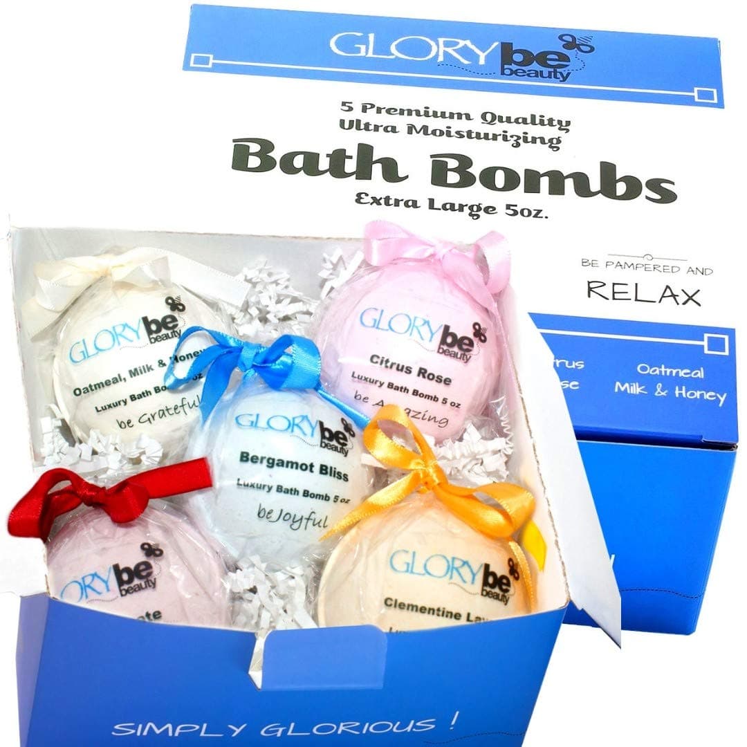 Glory Be Bath Bombs Set - Exploding with Essential Oils plus Mango Shea and Cocoa Butter, 5 Freshly Made in USA, XL 5 Ounce Bath Fizzies, Ultra Moisturizing Premium Quality for Home Spa Relaxation