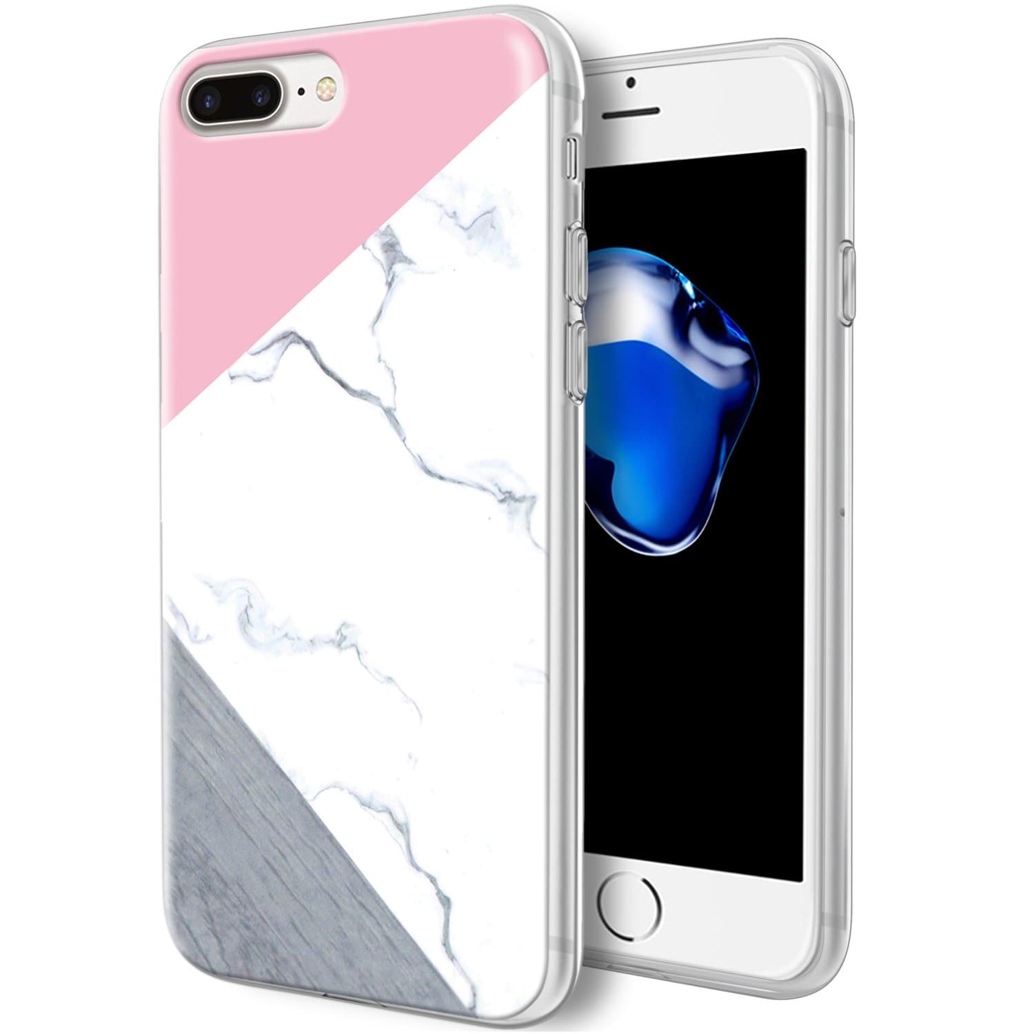 KGD case iPhone 7 Plus Case,iPhone 8 Plus Case [Geometric Pattern Series] [Flexible Soft TPU] Protective Cover Case with [IMD Glossy Pattern] for iPhone 7 Plus/iPhone 8 Plus-Pink/White Marble