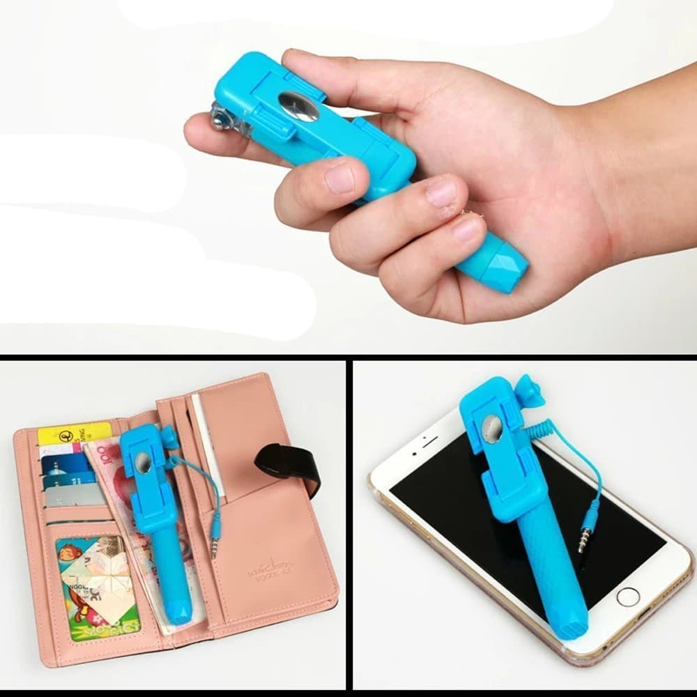 High Quality Mini Selfie Sticks, Pen Sized Extendable Self-portrait Monopod, Wired Shutter Control No Power Needed, for iPhone 5/5s 6/6 Plus Samsung GoPro (Blue)