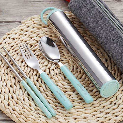 3PCS Portable Flatware Spoon Fork Chopsticks Tableware Set 304 Stainless Steel Dinnerware with Travel Box &amp; Hand Bag (Green)