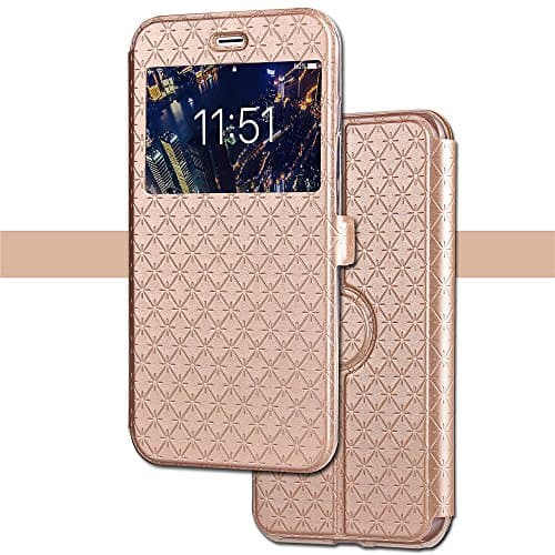Wallet Leather Case for iPhone X, Smart Window Ultrathin case with Card Slot/Strap, 360 Full Body Drop Protective Magnetic Kickstand Flip Folio Cover for iPhone X Edition/iPhone 10 (5.8)-Gold