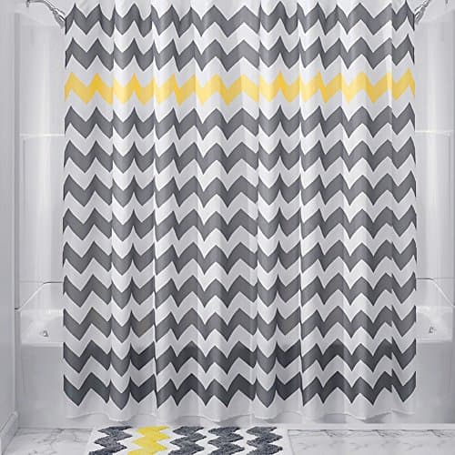 Chevron Shower Curtain with Bath Mat Set – Simple Zig Zag Bathroom Curtain with Hooks, Microfiber Accent Rug, Mildew Resistant Grey Shower Curtain – 72 by 72 inches, Polyester Fabric (Gray / Yellow)