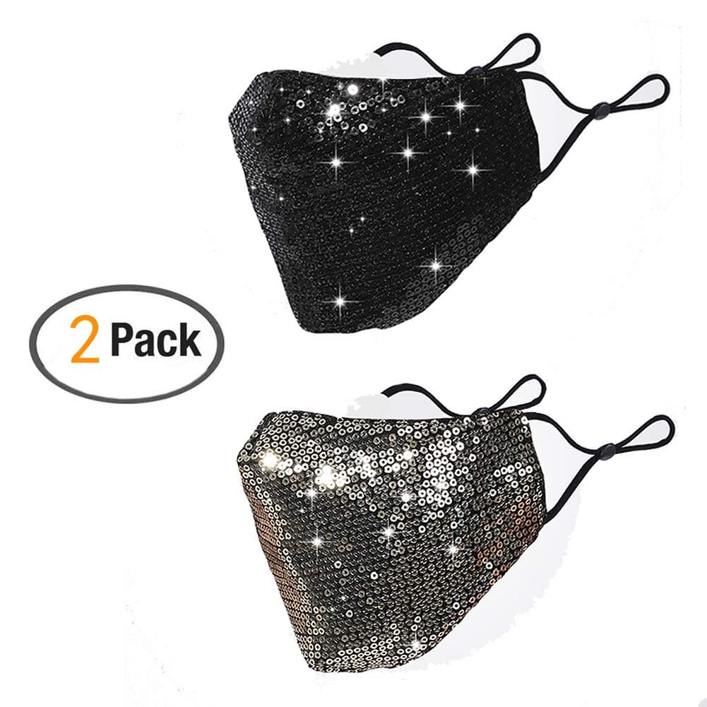 2Pack Sequins Face Mask Shiny Glittery Mask Dust-Proof Wind-proof Breathable Mask Windproof Washable Safety Halloween