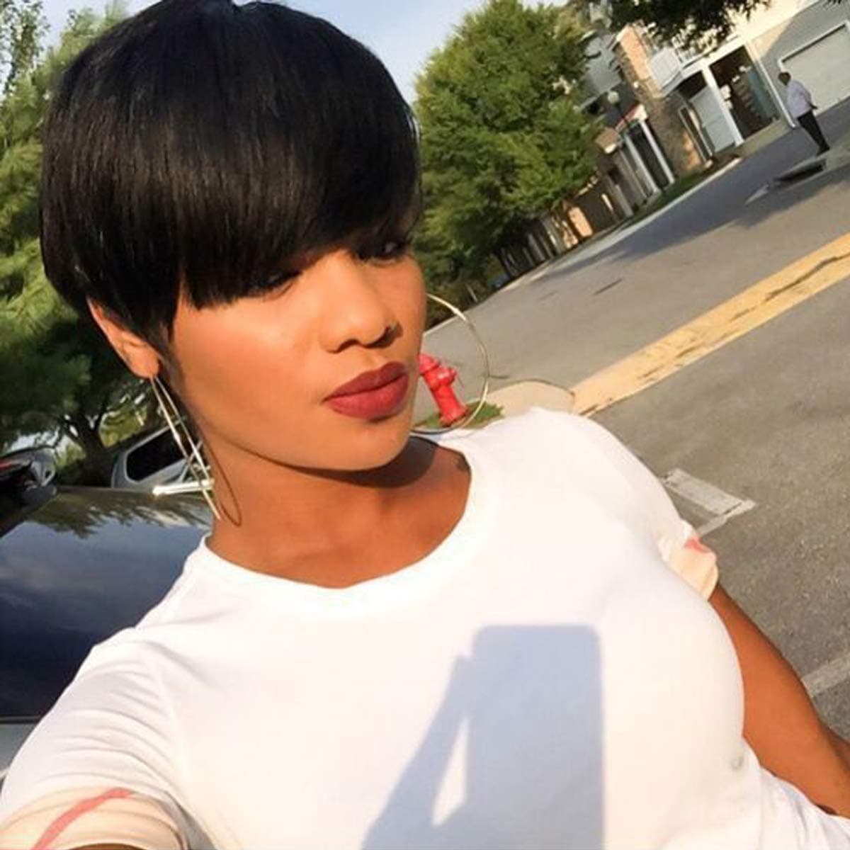 Creamily Human Hair Short Wig with Bangs Black Pixie Cut Brazilian Virgin Full Replacement Hair Free Part Straight Layered #1B Wig