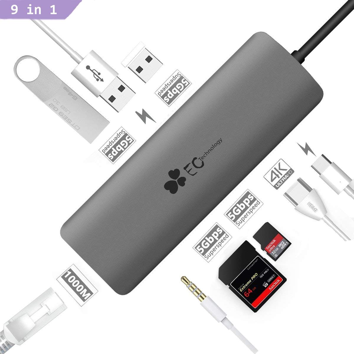 USB C Hub, 9 in 1 USB Type C adapter 3.1 EC Tecnology with Charging Port, 4K HDMI, 3.5mm Audio, 3 USB 3.0 Ports, SD/TF Card Reader, 1000M Ethernet Port for MacBook Pro, Chromebook, etc