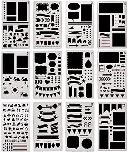 SKATAN Journal Stencil Set 12 Pcs Plastic Planner DIY Drawing Template for Diary Notebook Scrapbook Craft Projects