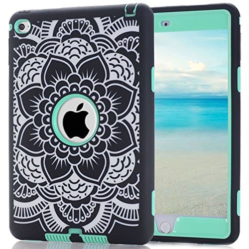 iPad Mini 4 Case ALLW 3 in 1 Hybrid Case Cover PC+Silicone Flower Pattern Design High Impact Defender Bumper Protective Shell Case Shockproof Heavy Duty Case (Flower Mint)