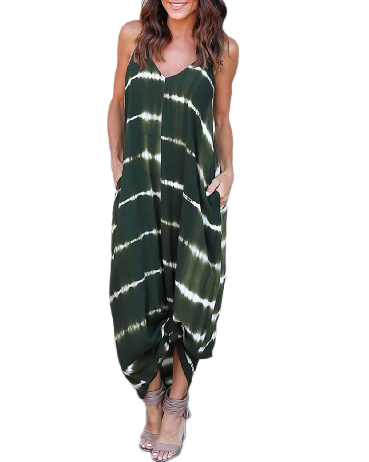 Women V Neck Spaghetti Strap Striped Pattern Pockets Beach Long Maxi Dress