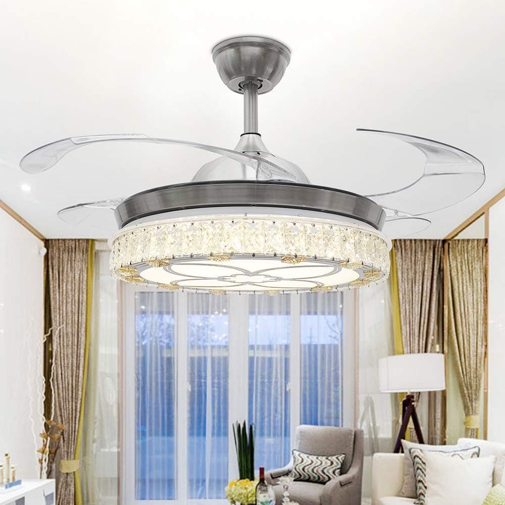 RS Lighting Crystal Ceiling Fan Lights Modern Simple Invisible Ceiling Fan Lights Decorates for Living Room Bedroom Dining Room Remote Control Ceiling Fan Chandelier (Silver-03)