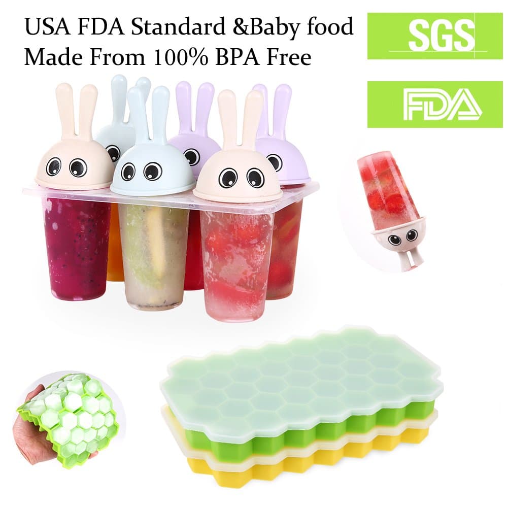 Ice Cube Trays 2 Pack Silicone Ice Cube Maker Molds + Reusable Popsicle Molds Ice Pop Molds Maker Set of 6, FDA Food Grade Material