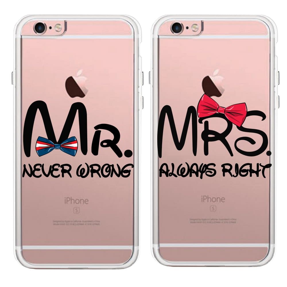 Lovers Couples Matching Partners Pairs MR. Never Wrong & MRS. Always Right Clear Soft TPU Rubber Protective Covers Cases for Apple iPhone 6 6S 7 8 Plus