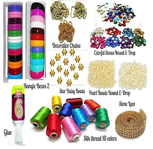 Gberry Silk Thread Bangles Making Kit, 2 Full Bangle Boxes, Full Box Silk Thread 10 Colors,Decorative Chains & All Materials - Bangle Size 2.6