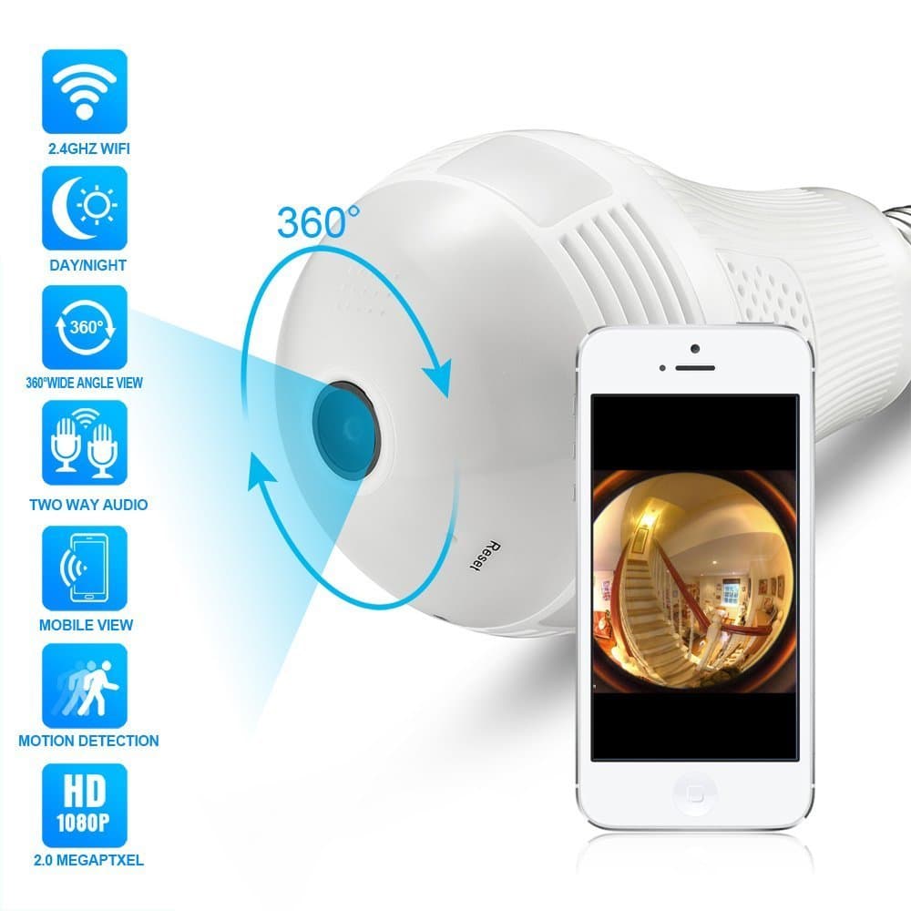 Full HD 1080P Light Bulb Camera 360°Panoramic WiFi Camera Two Way Audio Nightvision Motion Detection 128G SD Card Slot Home Security Camera Baby Monitor Pet Monitor