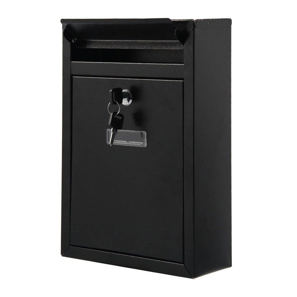 Black Secure Lock Steel Wall Mounted Letter Post Box with Two Keys and Name Panel – Lockable Weather and Rainproof Front Facing Letterbox with Outward Opening Letter Collection Mail Flap