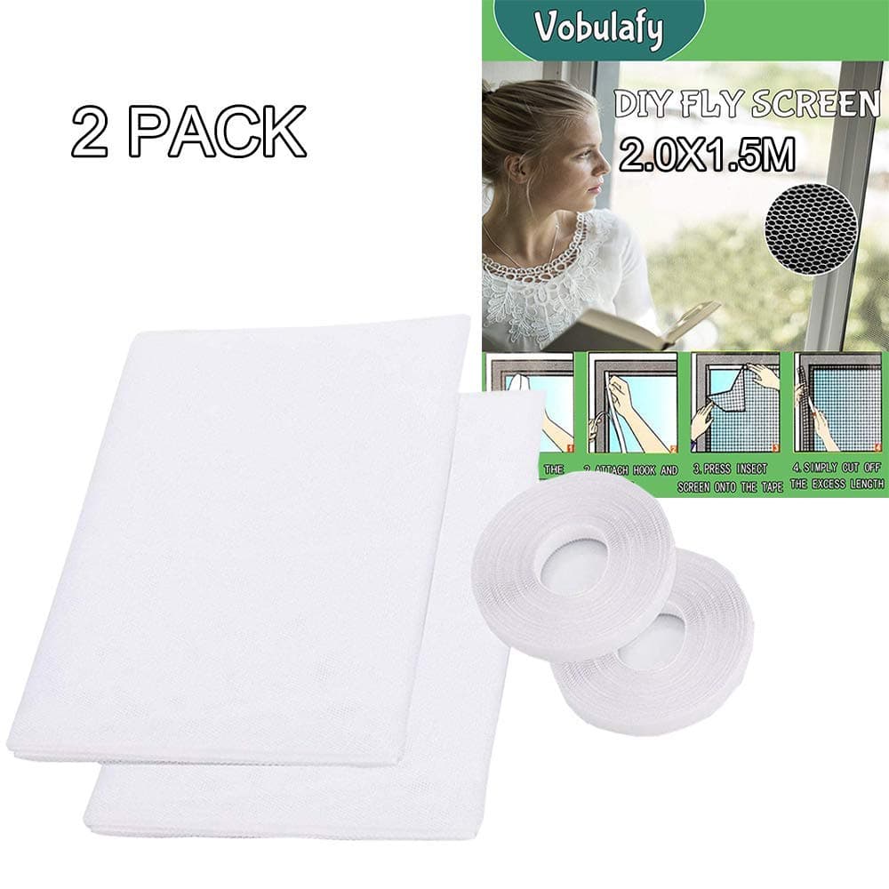 2 Pack Fly Screen Net for Window, Insect Screen Mesh Mosquito Protector Kit, 2.0m x 1.5m with 2 Rolls Self-Adhesive Tapes White 2.0 Pro