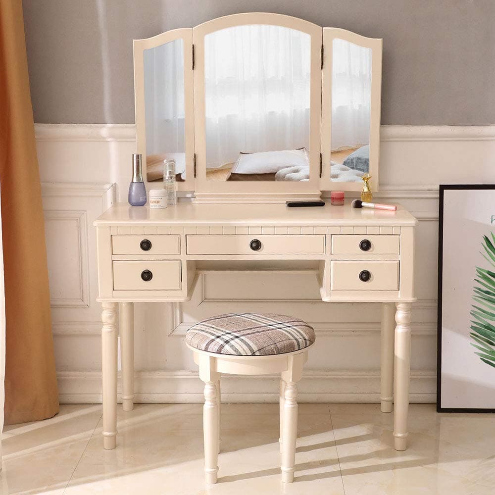 Dressing Table Set, Round Mirror Vanity Table with Cushioned Stool Retro Embossed Pattern Design 4 Drawer Make Up Table (3 Mirror Beige)