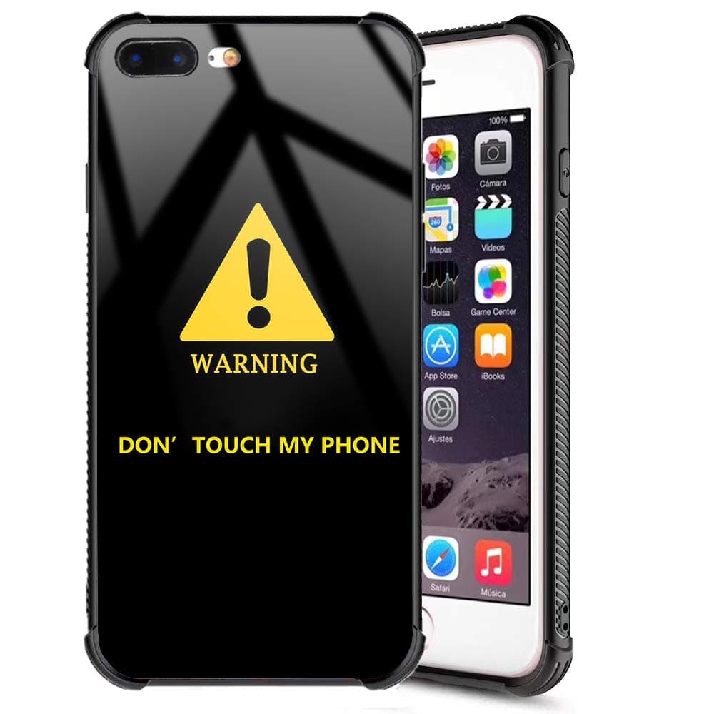 iPhone 7 Plus Case, iPhone 8 Plus Case,Funny Fashion Design Warning Pattern Tempered Glass Back and Soft Silicone TPU Bumper Shock Absorption Anti-Slip Case for iPhone 7/8 Plus - Don’t Touch My Phone