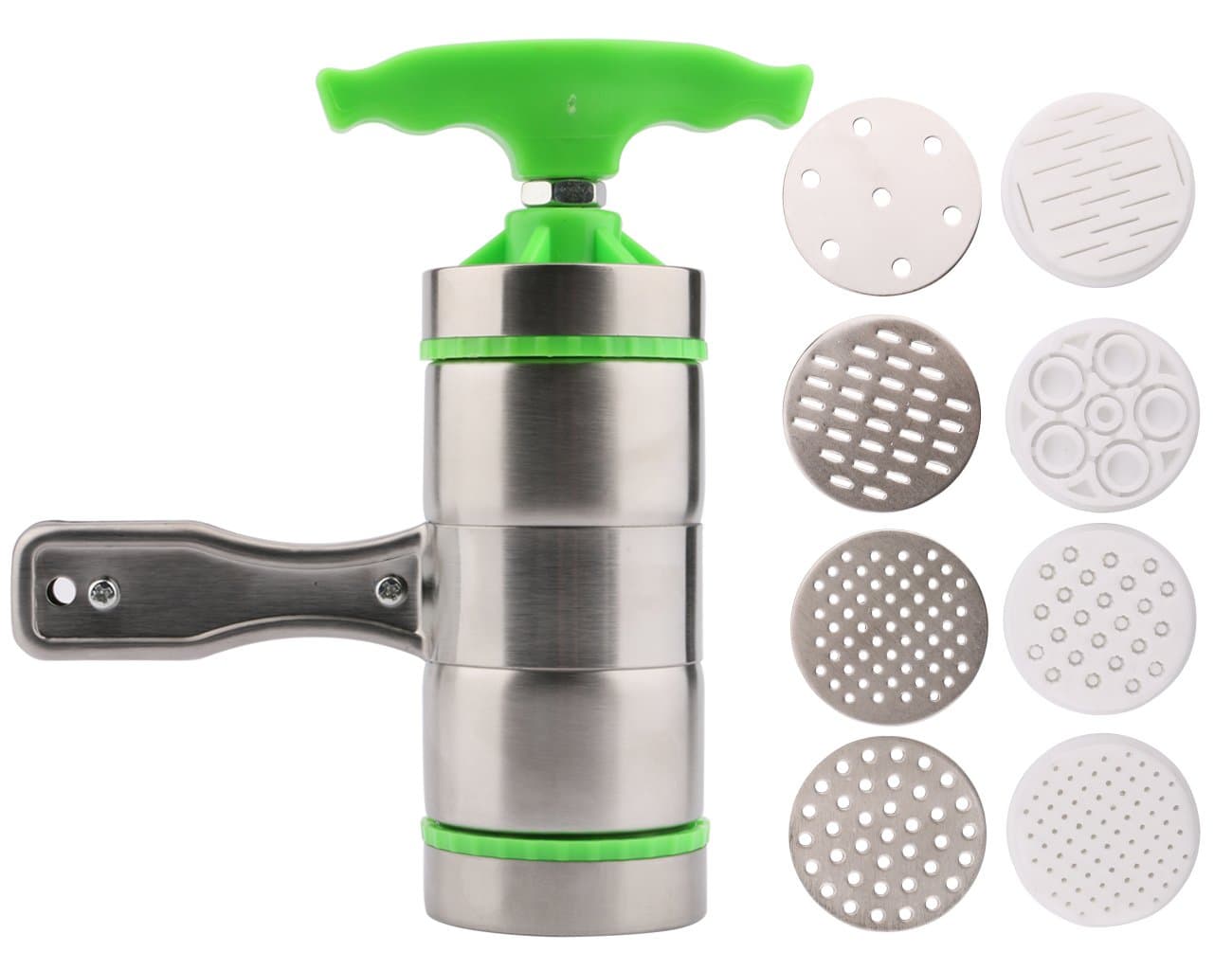 Katkitchen Noodle Pasta Press Maker Machine Hand Crank Cutter with Green Handle, Manual Fruits Juicer Cookware with 9 Pressing Moulds for Making Spaghetti Fettuccine Noodle