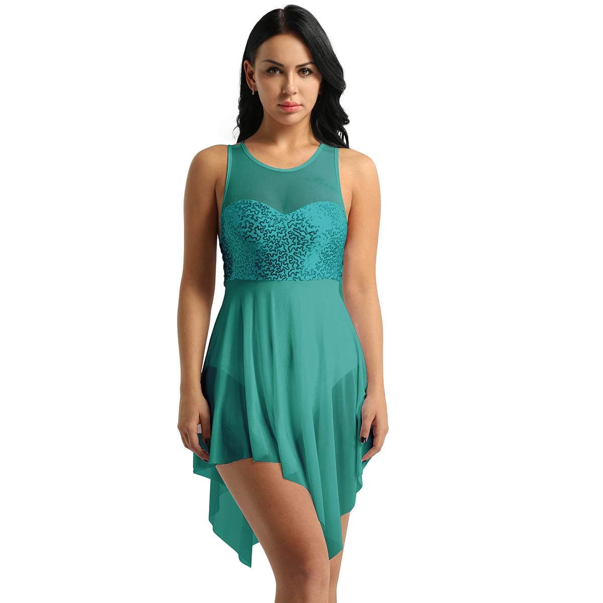 Women's Lyrical Ballet Dance Dress Triangular Cut Asymmetric Mesh Sequins Leotard Dresses