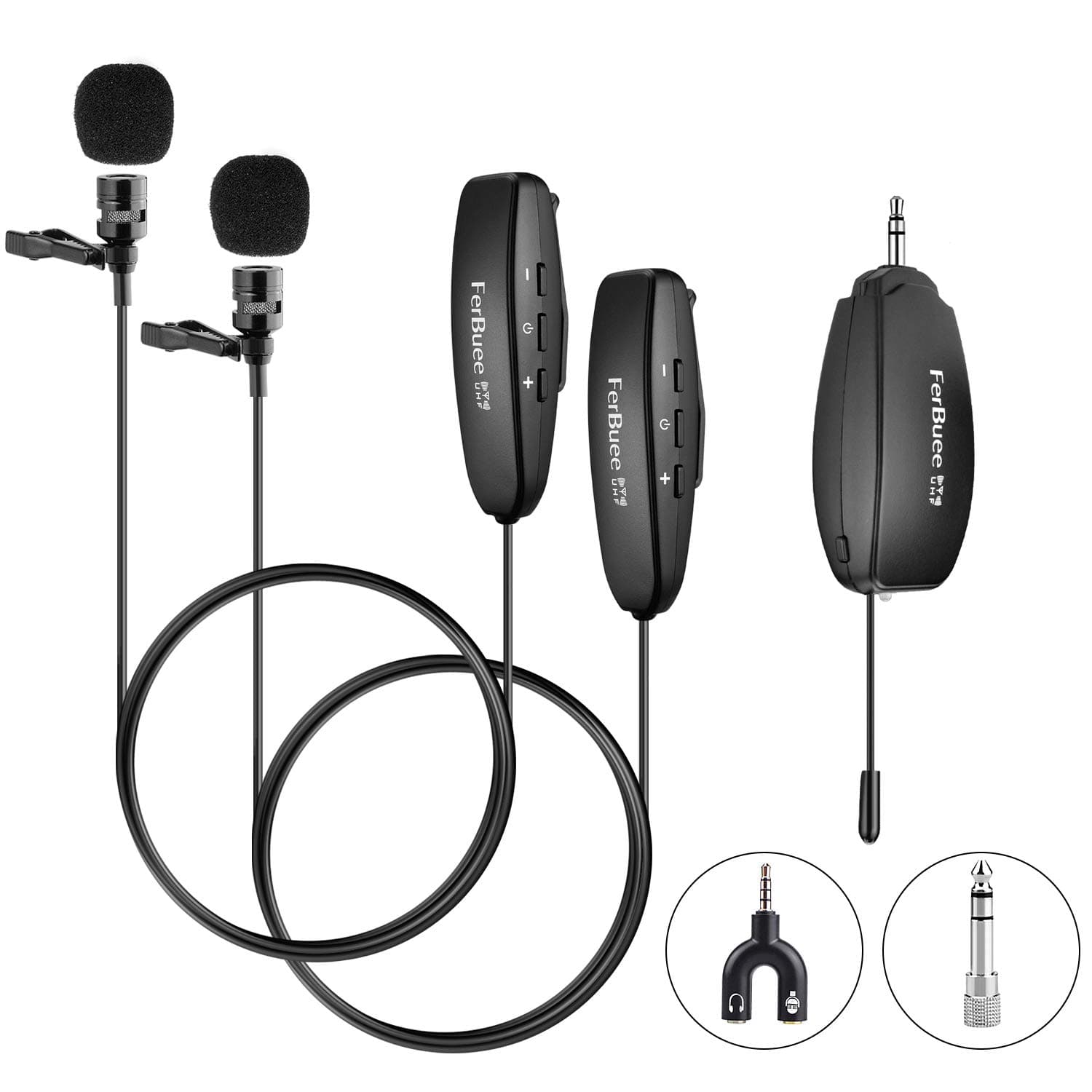 Wireless Lavalier Microphone FerBuee UHF Lapel Microphone, 2 Lavalier Mics & 1 Receiver, 150ft Stable Wireless Transmission Voice Recording Mic for Phones, Cameras Voice Amplifier for Speakers