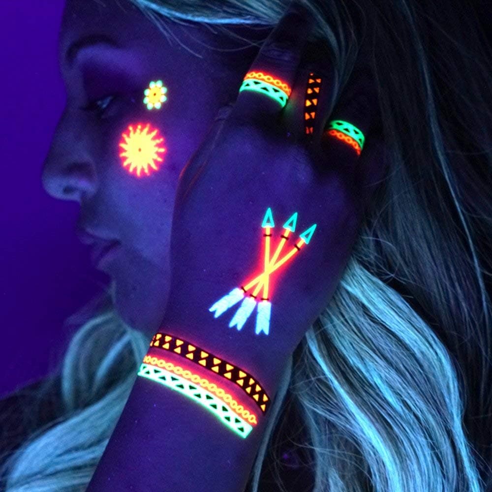 UV Tattoos: Daytime and Blacklight Colored Tattoos | (Pattern Design 1) | Rave, Neon, Festival, Party, Club, Henna, Yoga, Glow In The Dark Tattoos by Festival World