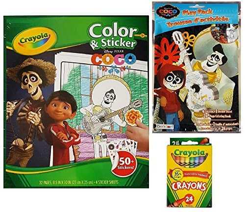 Disney COCO Activity Gift Set Bundle of 3 Items: Color and Sticker 32 Page Kit, Play Pack with Mini Coloring Book and Stickers - and Pack of Crayons