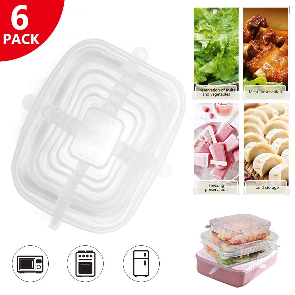 Geggur 6 Pcs Square Silicone Stretch Lids, Reusable Rectangular Silicone Insta Lids Bowl Covers Food Storage Covers for Bowls, Cups, Fit Different Sizes of Container, Dishwasher & Freezer Safe