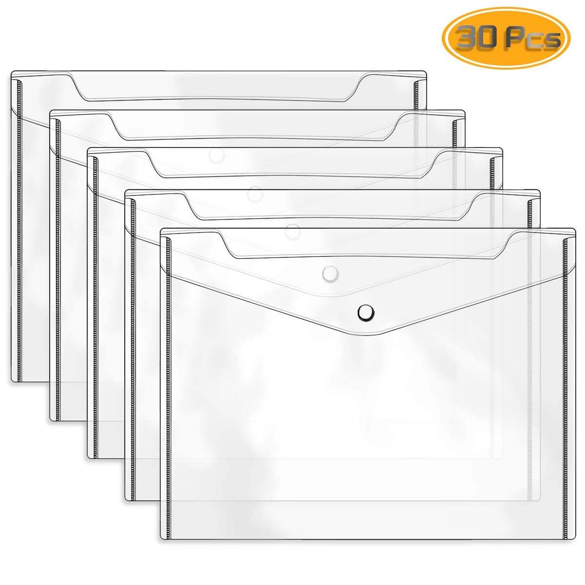 Wpxmer 30 Pack Plastic Transparent File Holder with Button Closure, Waterproof Envelope Folder for Office and School(A4 Size)