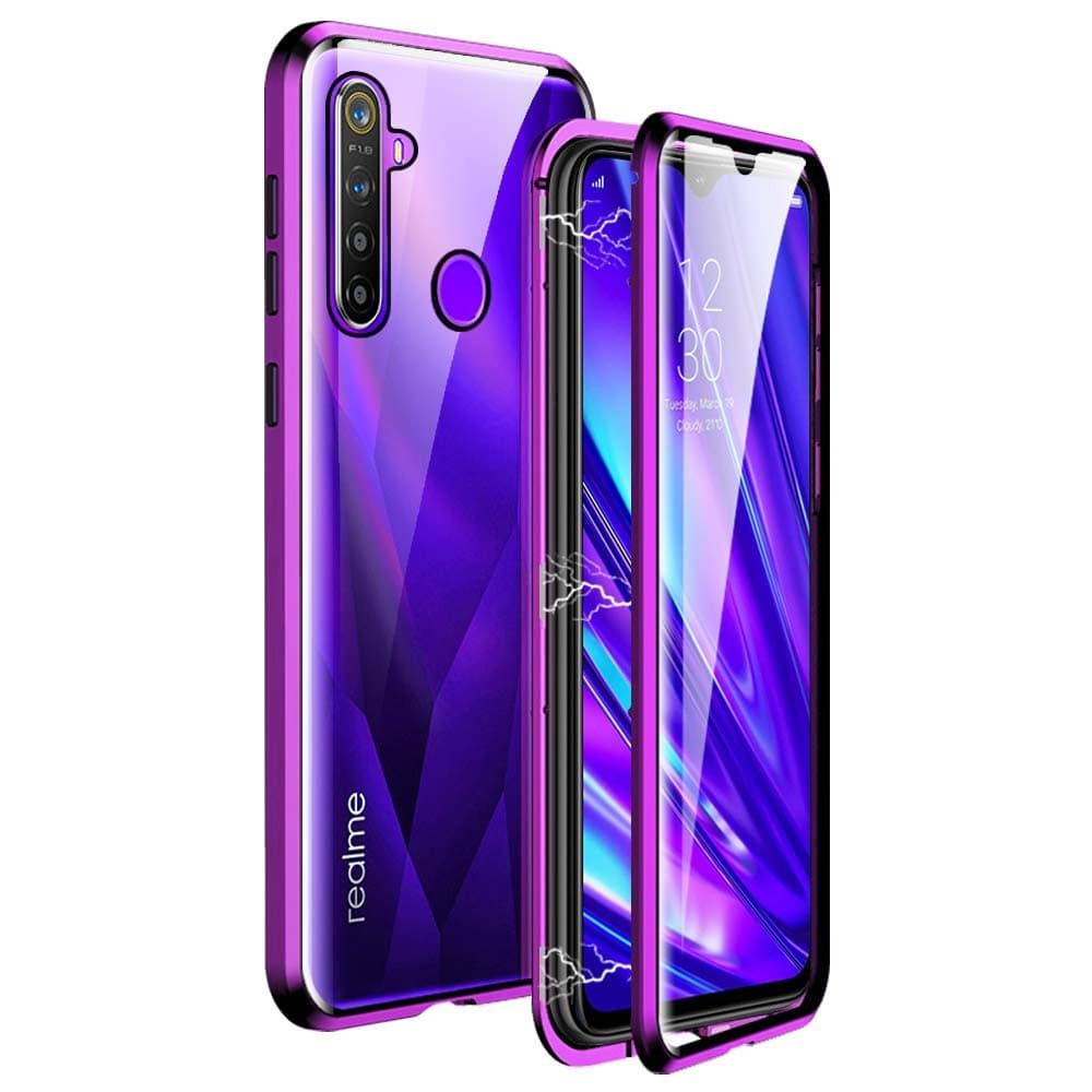 IGUCAC Case for Realme 5 Pro Case,2 in 1 Magnetic Adsorption Cover with Front/Back Tempered Glass and 360 Degree Full Coverage Anti-Scratch Metal Protection for Realme 5 Pro,Purple
