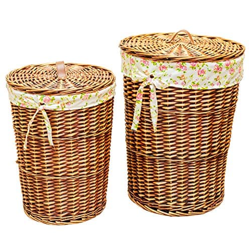 Wicker Round Laundry Basket Hamper with Lid, Kingwillow.(Set of 2, Brown)
