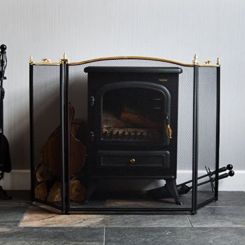 Fire Vida Burley 3 Panel Fire Screen Spark Guard, Brass & Black
