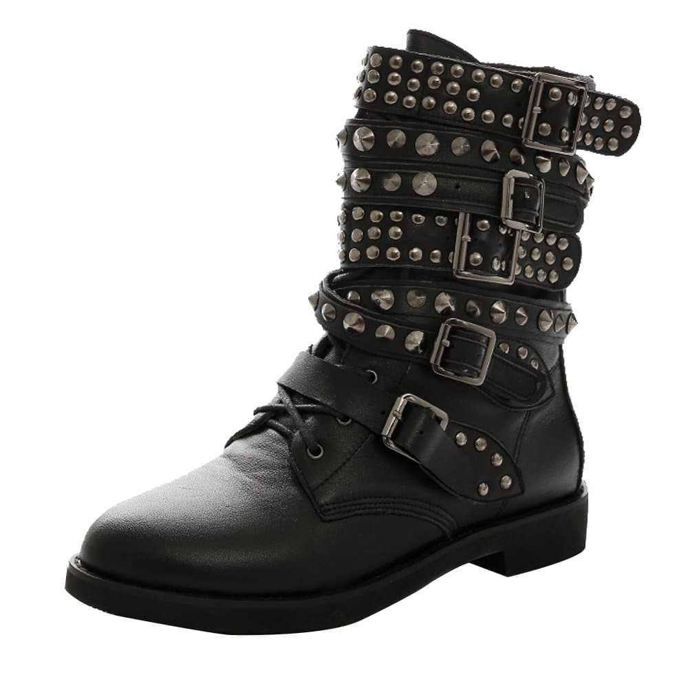 AOOAR Women's Studded Strappy Flat Short Boots