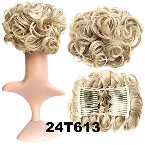 Ninety Ave Curly Claw Elastic Net Chignon With Two Plastic Combs Hair Clamp Bun Full Wigs Hair Extension (Beige Blonde Mixed)
