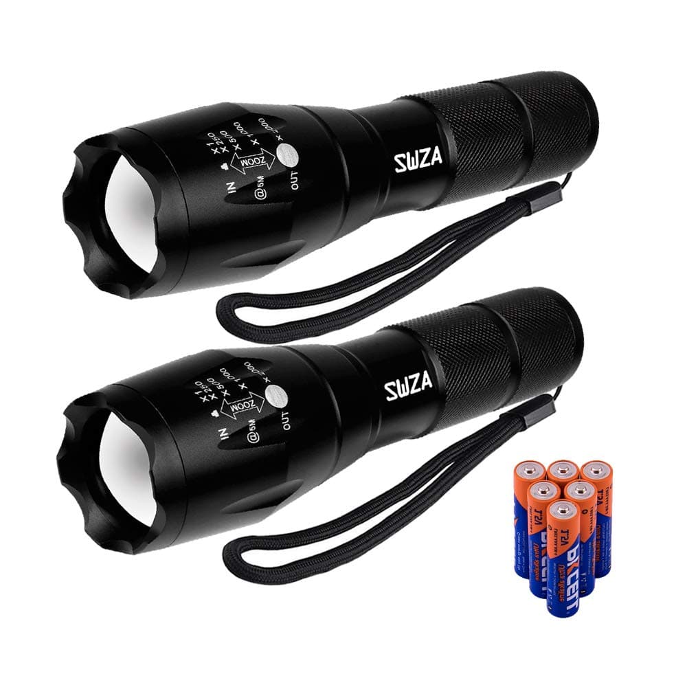 2pcs Tactical Flashlight SWZA LED Flashlight Ultra Bright Tac Light Torch Water Resistant with 5 Modes and Zoom Function 6pcs AAA Batteries included