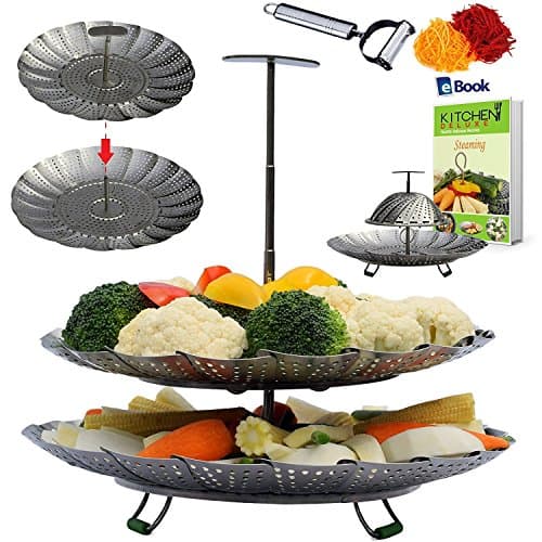 Kitchen Deluxe 2-Tier Vegetable Steamer Basket - With Extendable Handle - Fits Instant Pot Pressure Cooker 6 Qt & 8 Quart - 100% Stainless Steel - Accessories Include eBook + Peeler | For Instapot