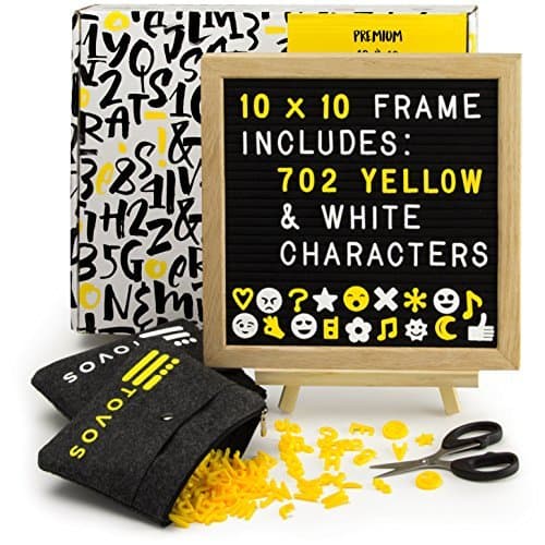 Felt Letter Board Set: Black Message Board in Solid Oak Frame, 10" x 10" with 702 Letters (362 Bright Yellow & 340 White), Adjustable Wood Easel Stand, Precision Scissors & 2 Zippered Storage Pouches