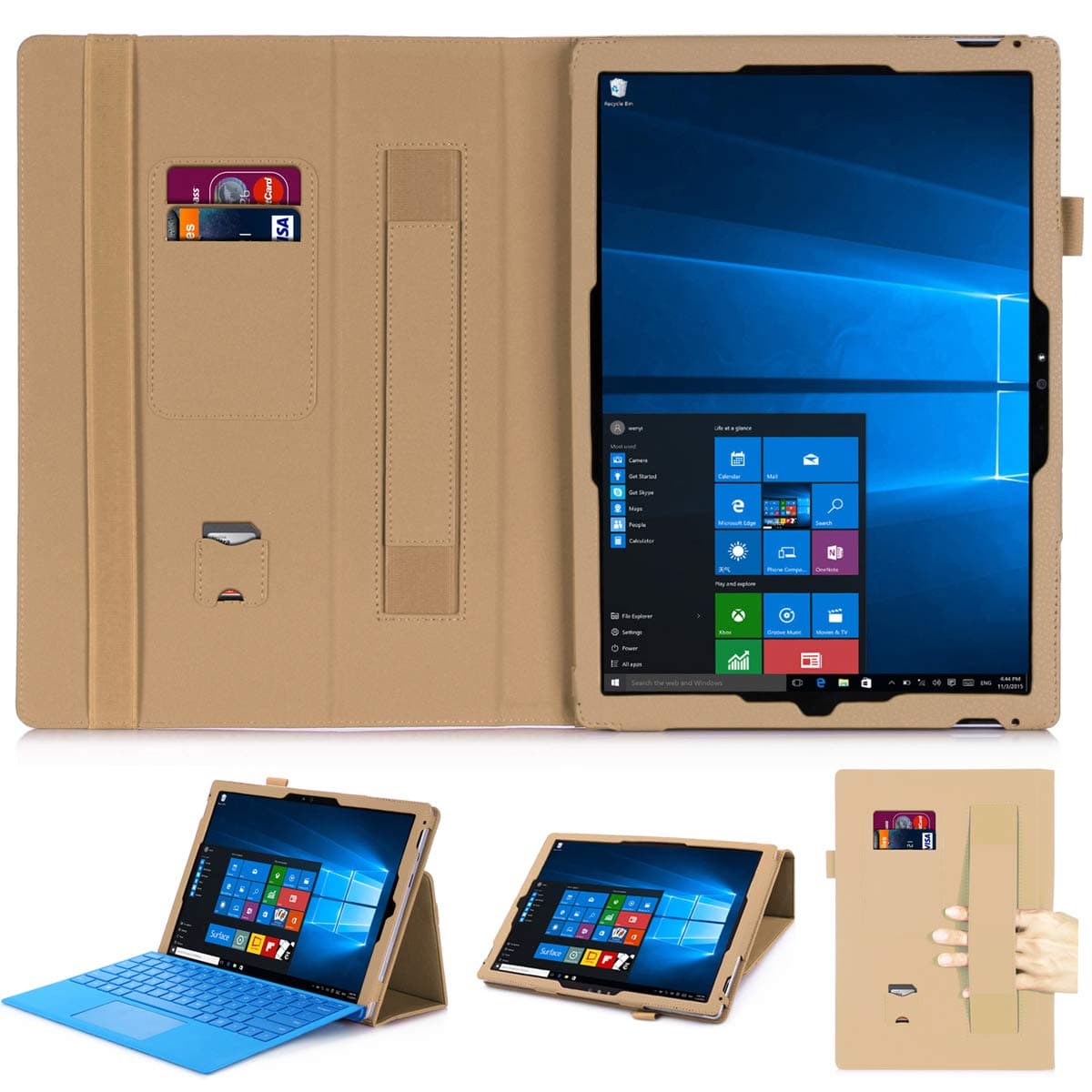 YD US Tech Jasilon Premium Folio Leather Case for Microsoft Surface Pro 7/Pro 6/Pro 5/Pro 4/Pro 3 with Hand Strap, Card Slots, Compatible with Type Cover Keyboard-Gold