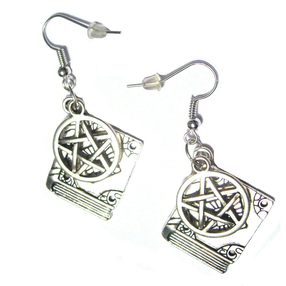 Pentagram Magic Spell Book Wicca Witchcraft Silver Plated Charm Hook Earrings